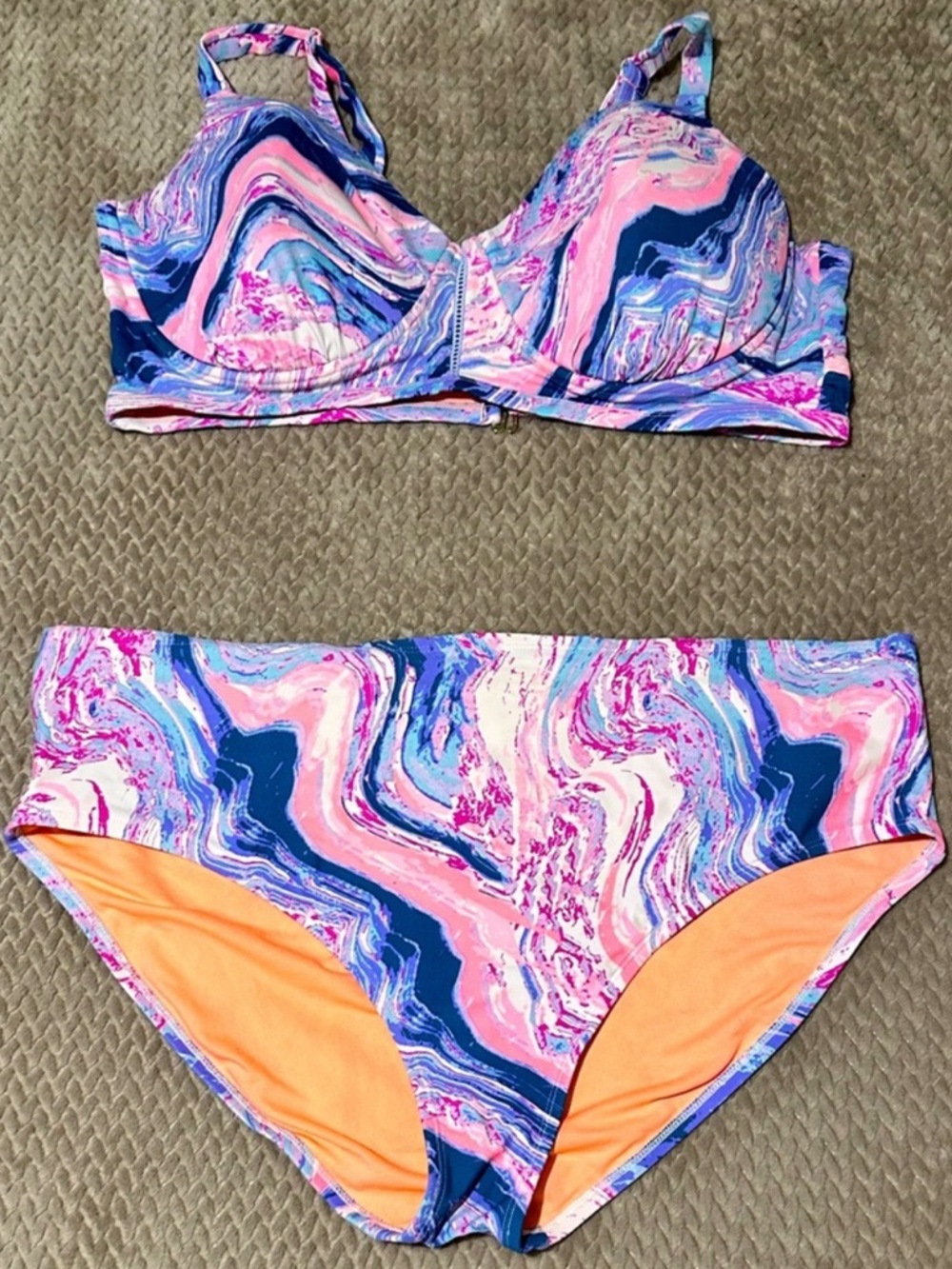 Marble-Print Bikini Set in Pink & Blue